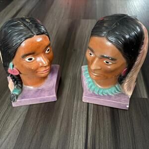 Vintage Native American Indian Ceramic Bookends 1986 Hand Painted